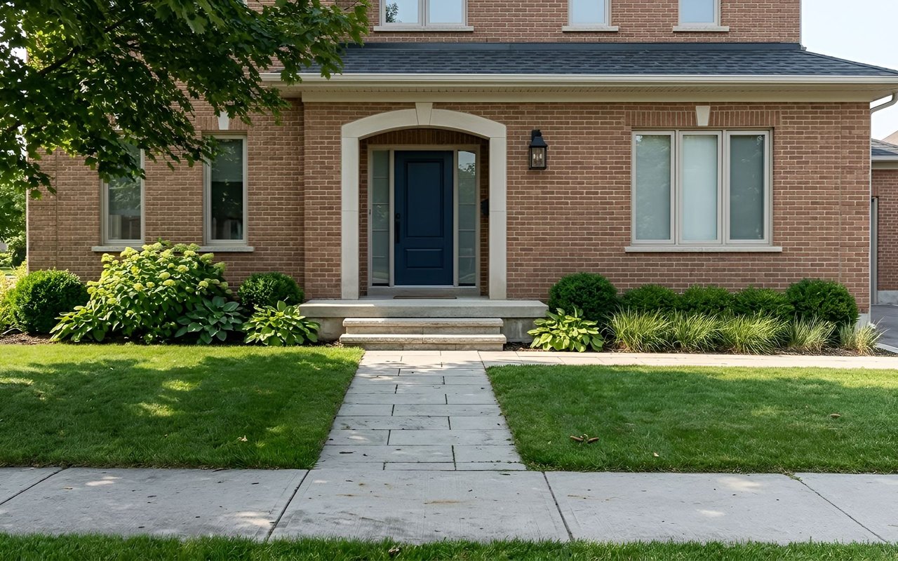 Red brick house with a blue front door, landscaped shrubs, and a broad green lawn.