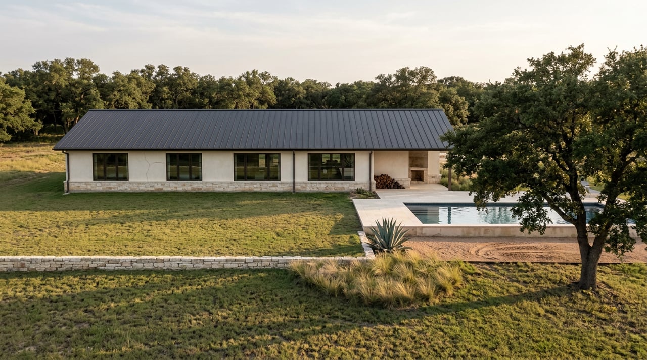 Low modern ranch house beyond a native meadow, with a limestone pool terrace and live oak in the foreground.