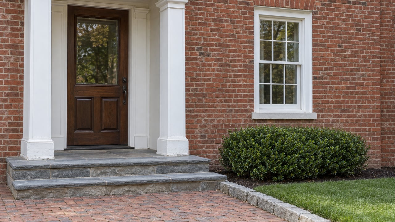 Close view of a red-brick home's white timber portico, walnut door and multi-pane sash window above worn stone steps and a brick walk.