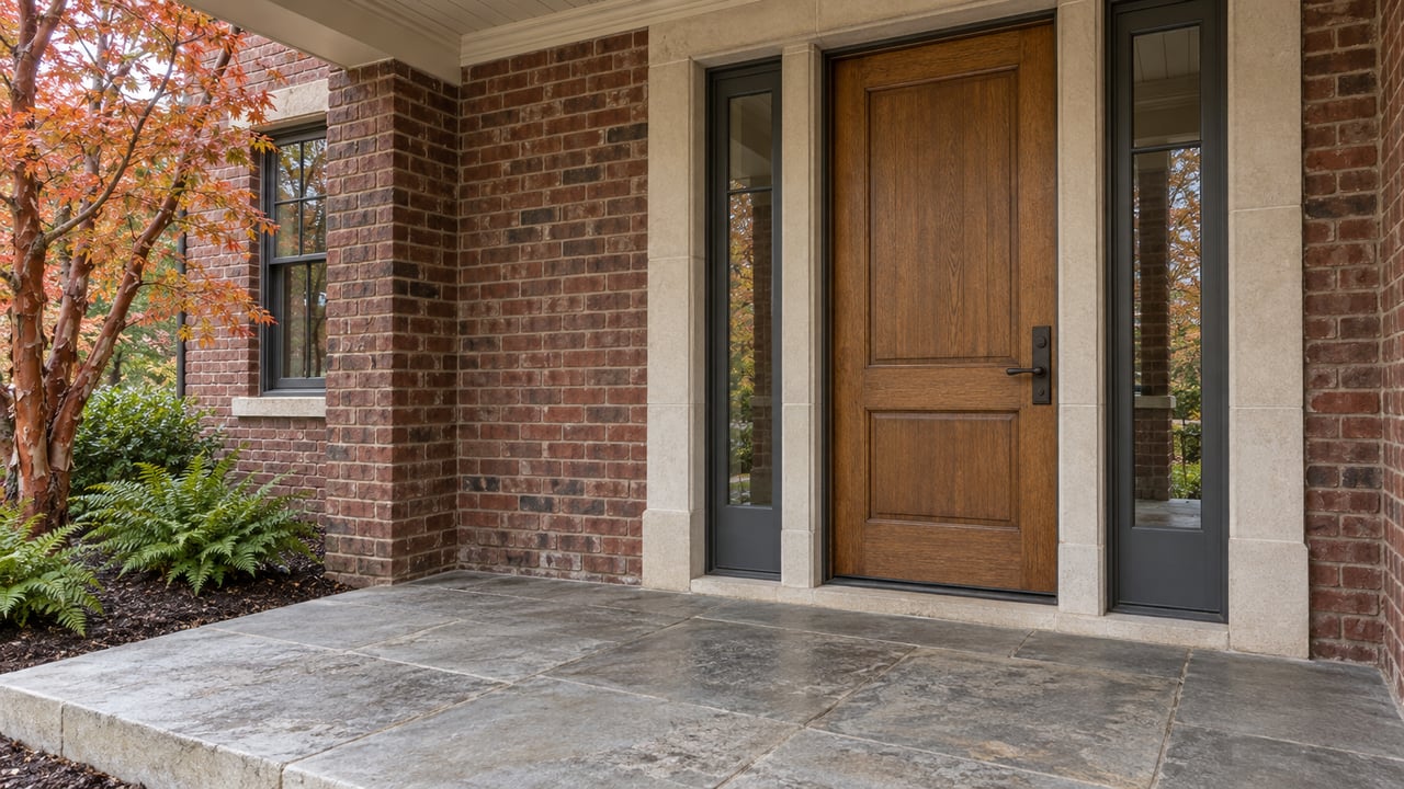 Covered brick entry with an oak door, paired glass sidelights and a weathered sandstone landing beside an autumn paperbark maple.