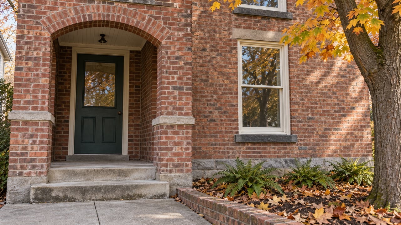 Weathered red-brick home with an arched porch, green entry door, sandstone steps, and yellow-orange maple leaves.