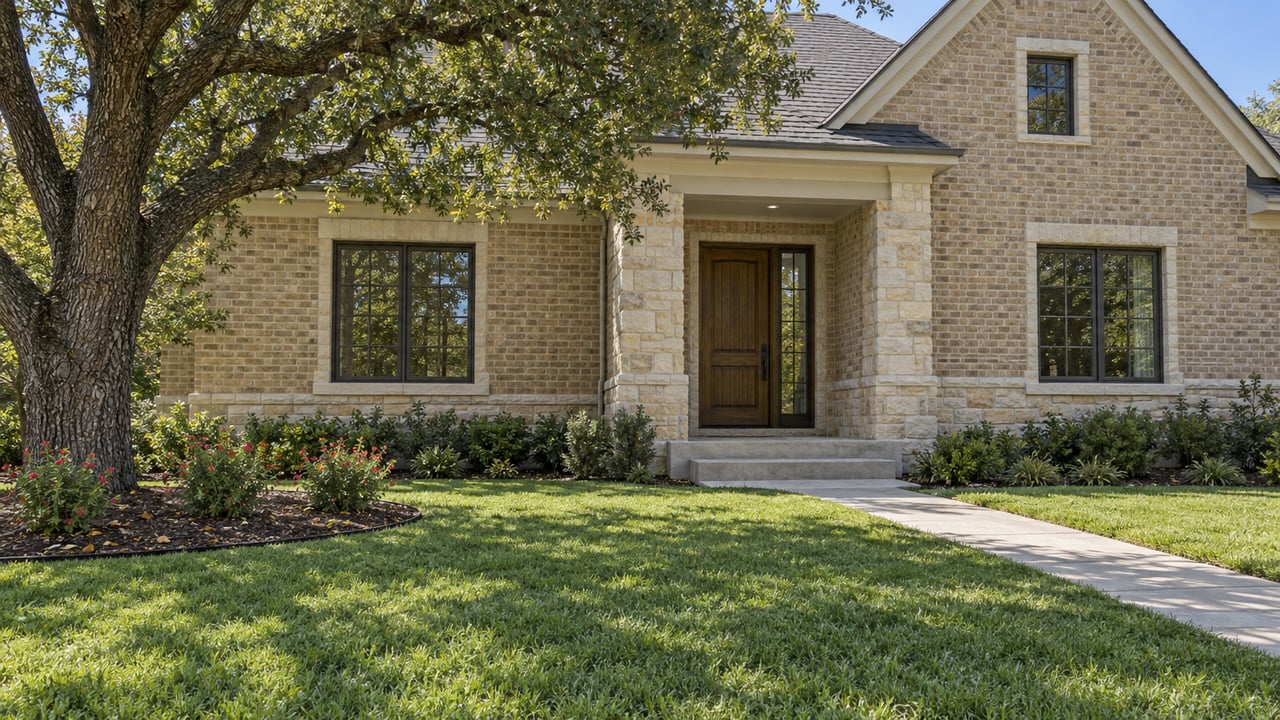 Brick and limestone home with a shaded oak entry, deep front lawn and mature live oak in bright late-morning light.