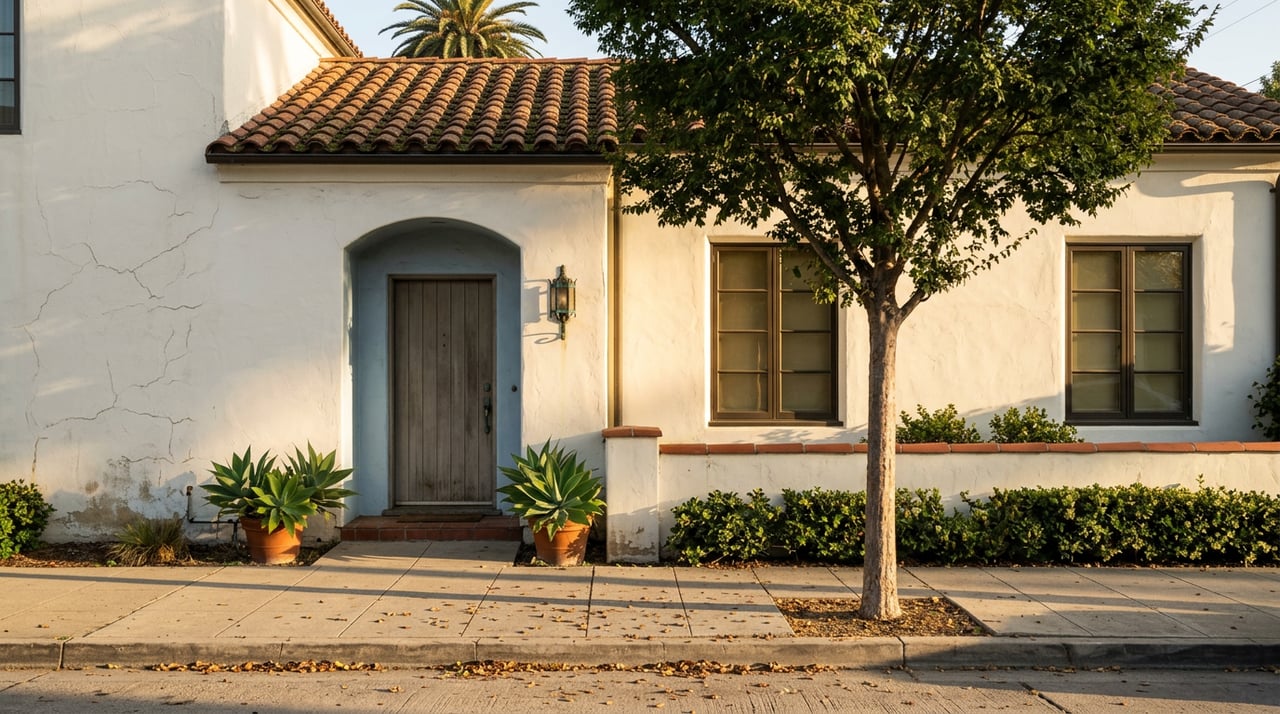 White stucco residence with an arched entry, terracotta tile roof, and palm crown above the roofline.