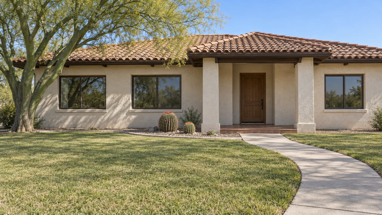 A single-story ivory stucco home with a terracotta tile roof, deep front lawn, curved concrete walk and a mature green-trunked tree.