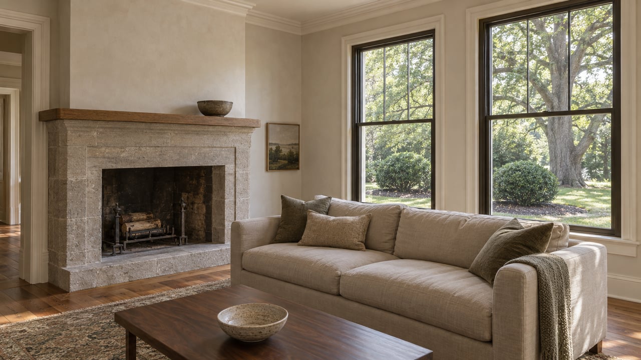 Sitting room with a limestone fireplace, linen sofa, oak floor, and garden visible through tall windows.