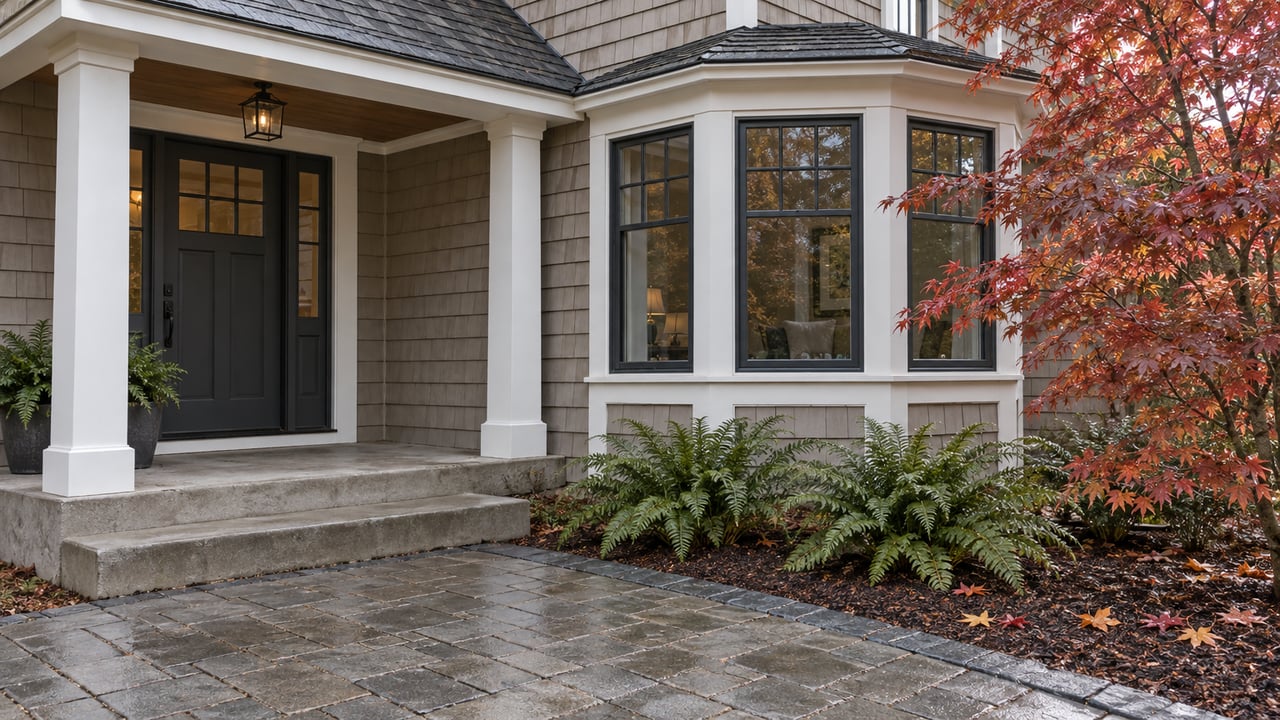 Taupe shingle-sided home with a covered entry, damp gray paver walk, autumn vine maple and sword ferns.