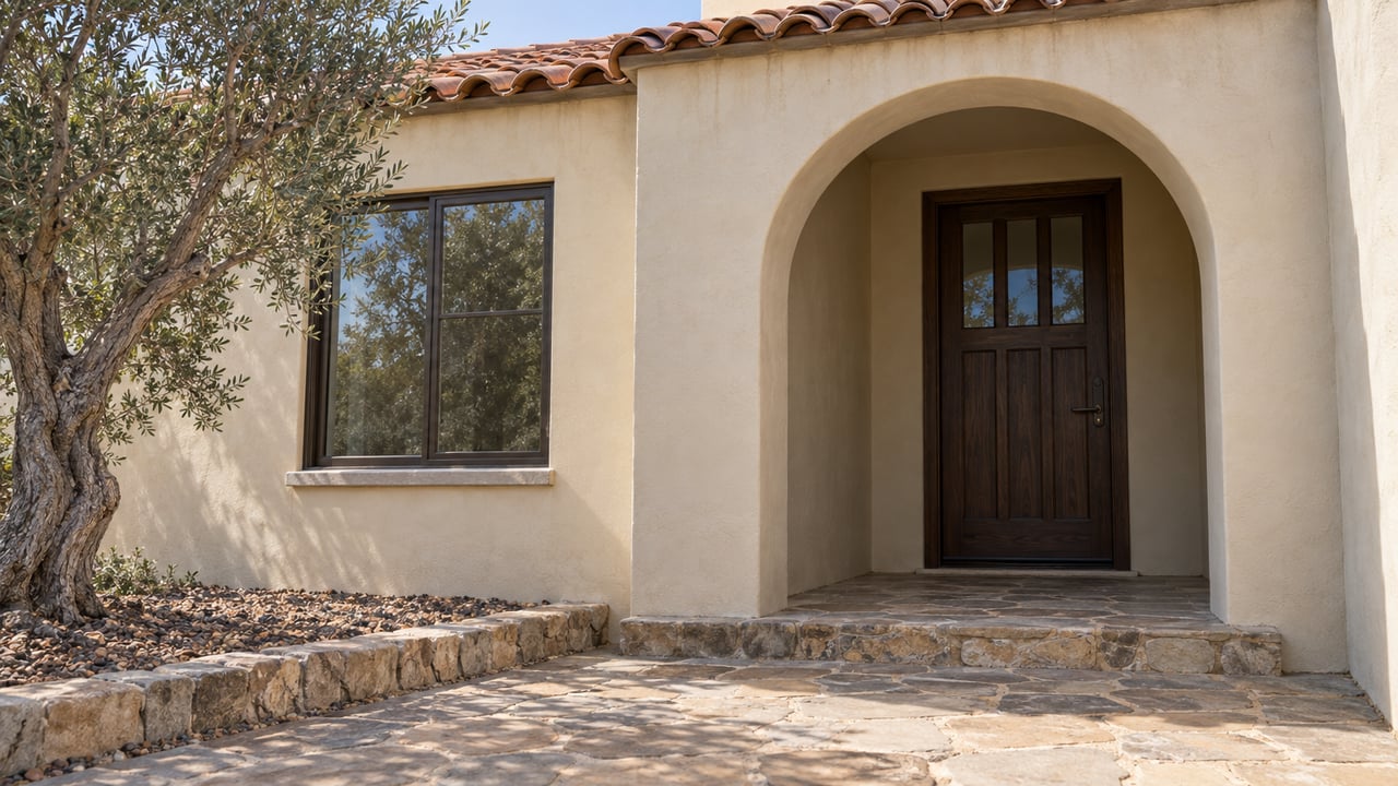 Sunlit cream stucco home entry with a terracotta tile eave, arched doorway, stone steps and a silver-leaved olive tree.