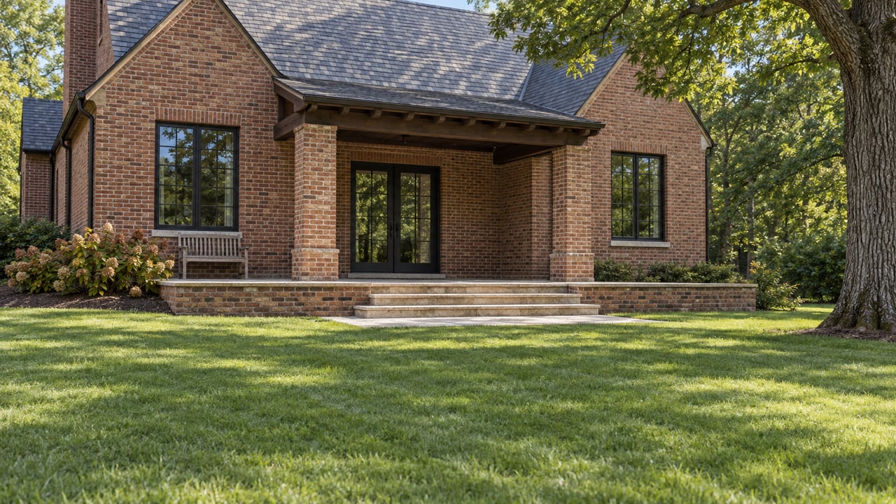 A brick country home with black-framed glazing and a raised limestone terrace beyond a broad lawn, framed by a mature white oak.