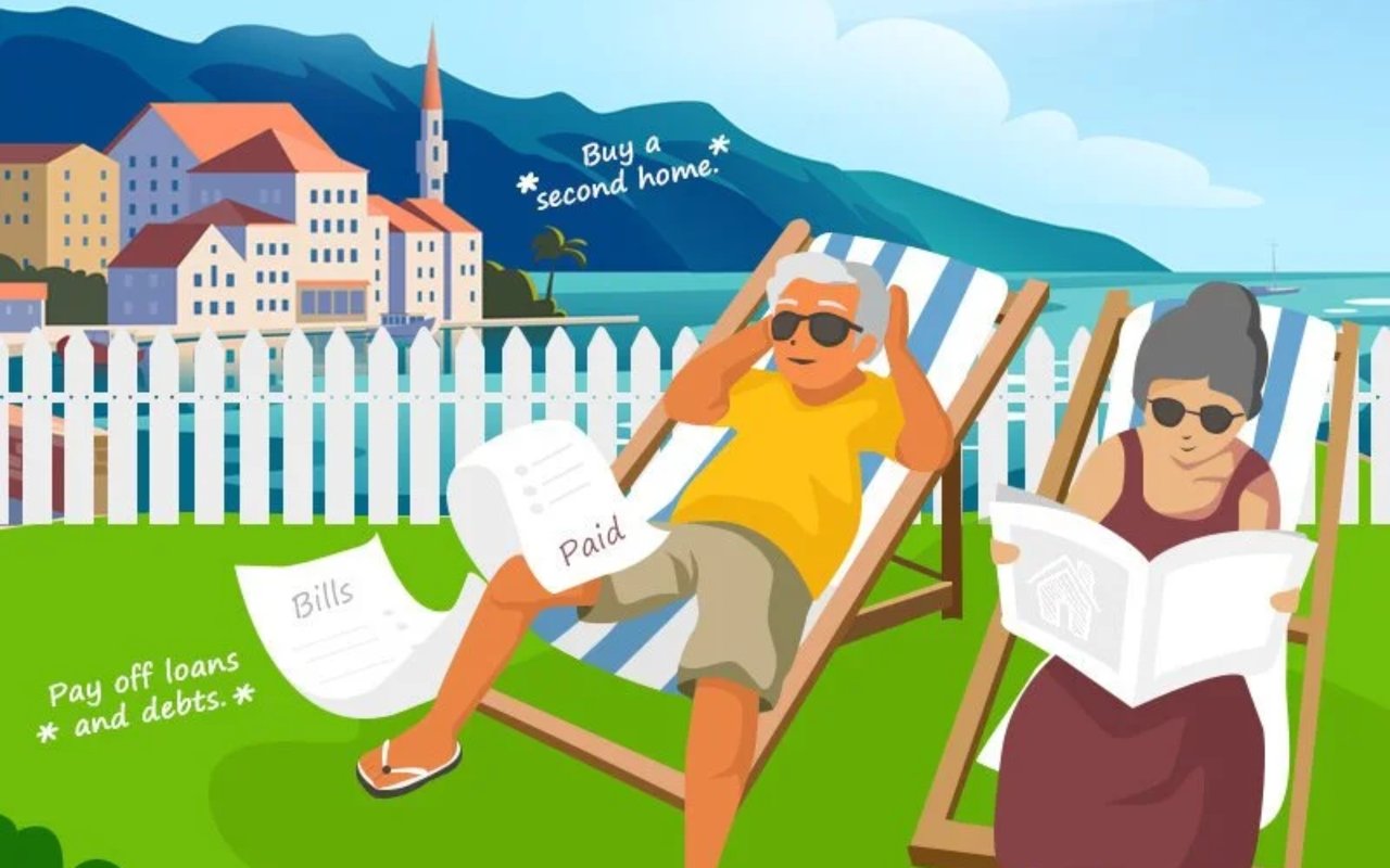Illustration of retirees relaxing as home equity pays debts and buys a second home.