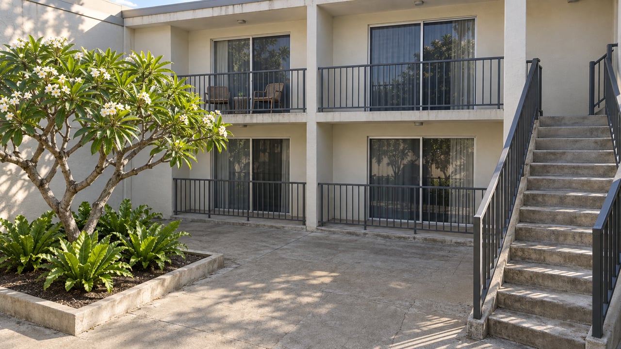 Elevated view into a concrete condominium courtyard with recessed balconies, an exterior staircase and a flowering plumeria in a curbed planting bed.