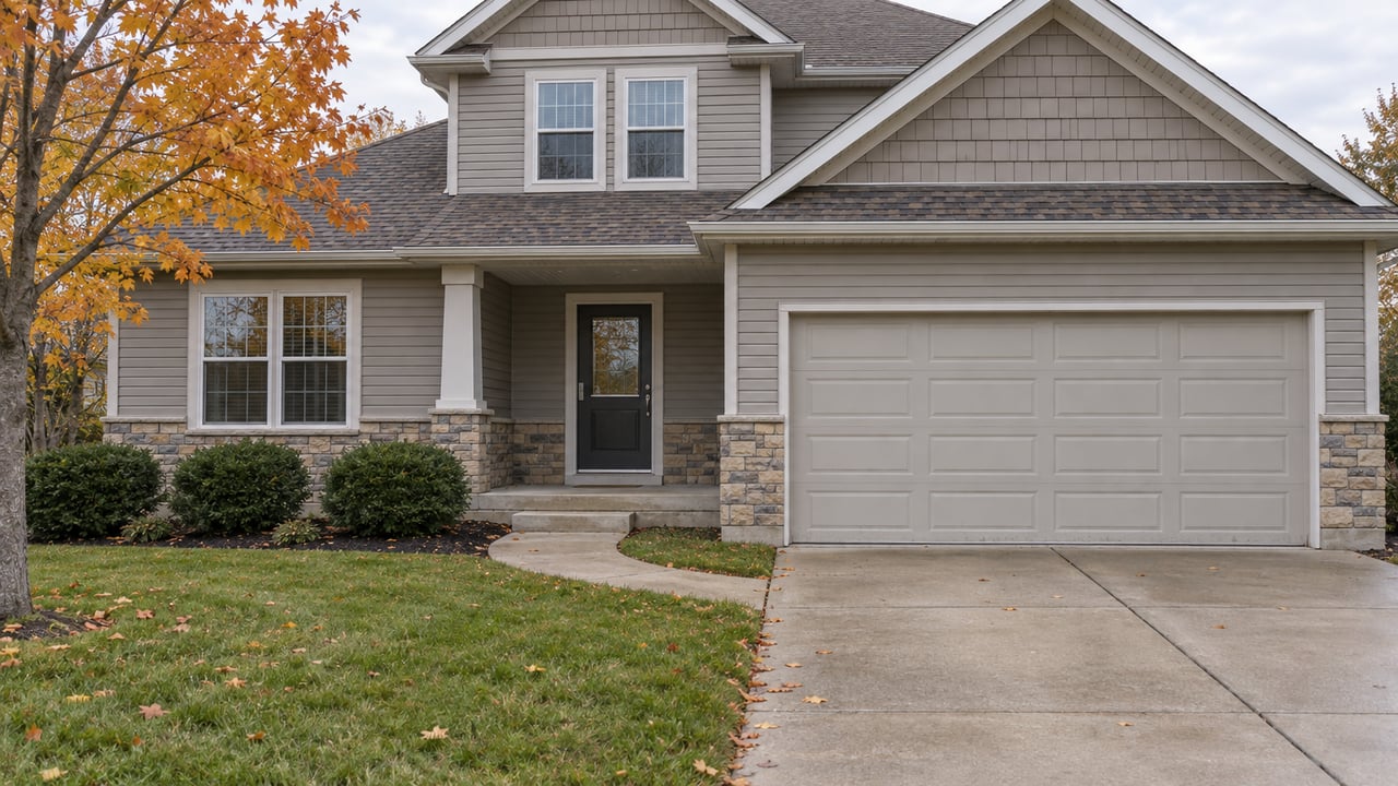 Autumn maple beside a gray-sided home with a two-car garage, stone accents and a curved concrete entry walk.