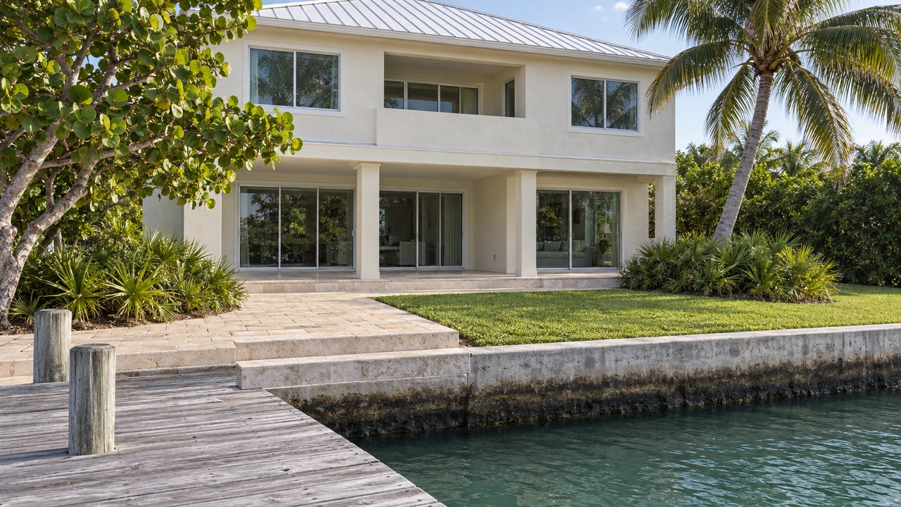 Pale ivory canal-side house with a shaded porch, dock, limestone steps, and tropical plants.