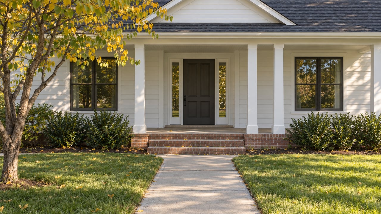 White-sided house with a recessed porch, brick steps, concrete walk, and yellowing redbud leaves on the lawn.