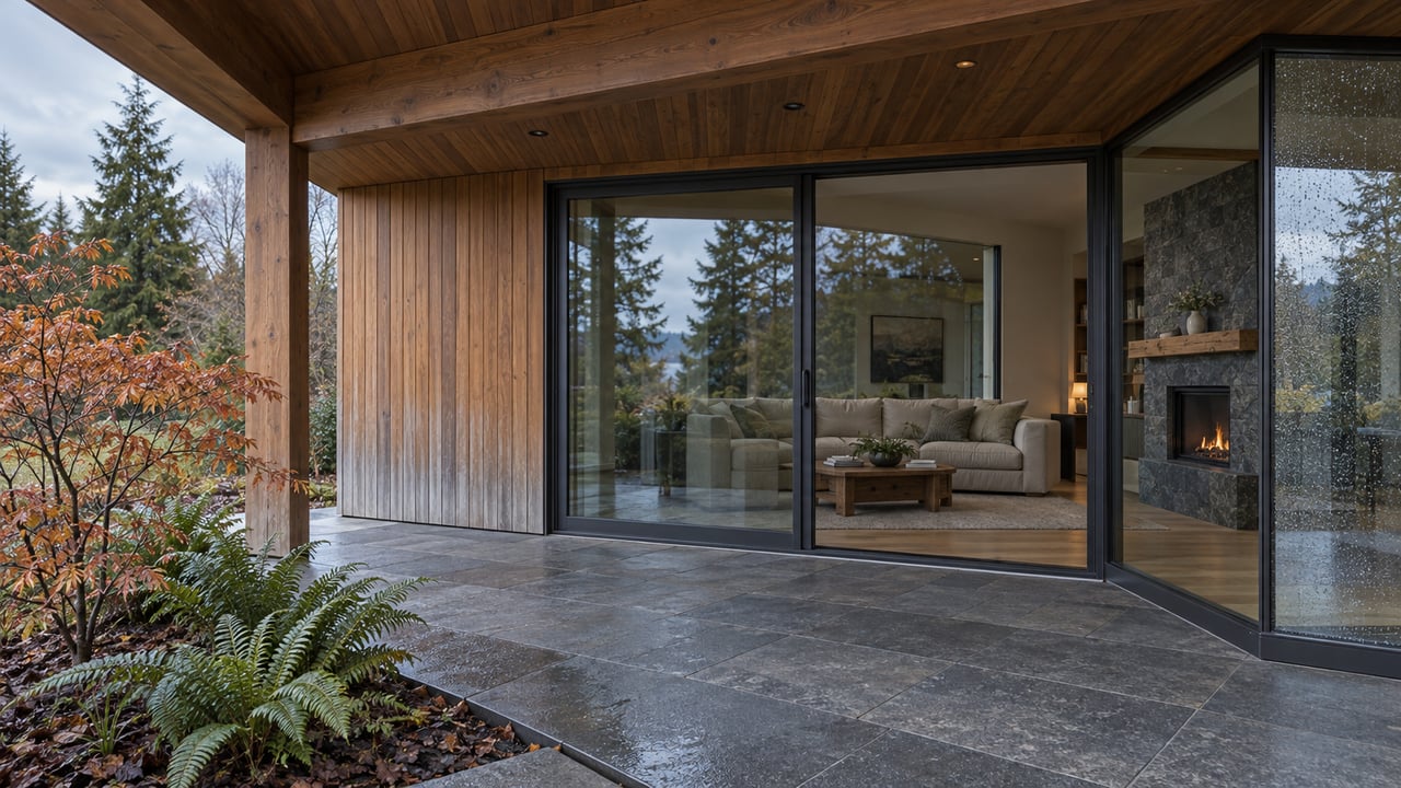Covered stone terrace beside a cedar-clad home, with bronze-framed glazing, a timber roof, and copper-leaved vine maple.