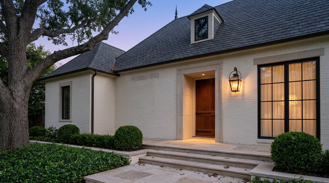 Ivory-brick entry with a mahogany door, glowing lantern, limestone steps, clipped boxwoods, and an oak tree at dusk.