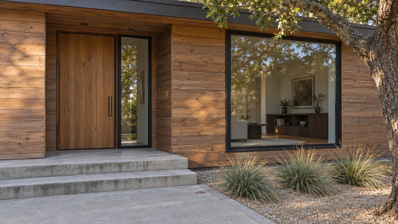 Cedar-clad entry with a closed wood door, black-framed window and concrete steps beside an oak and three ornamental grass clumps.