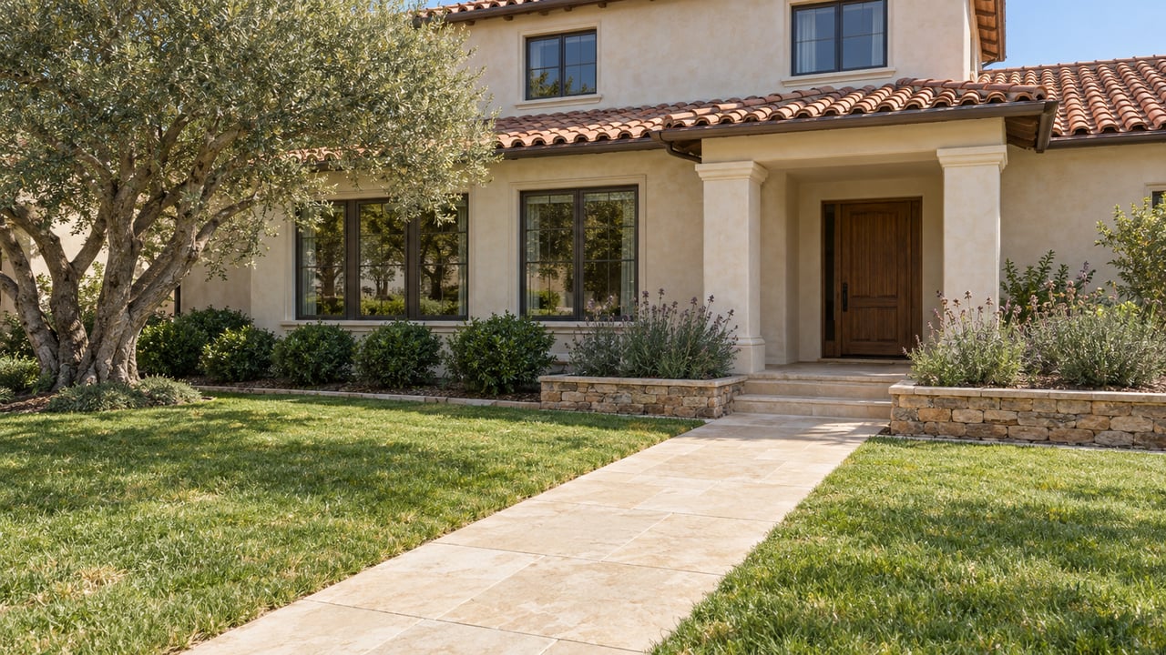 Cream stucco home with terracotta roof tiles, a deep front lawn, limestone entry path and mature olive tree in afternoon sunlight.