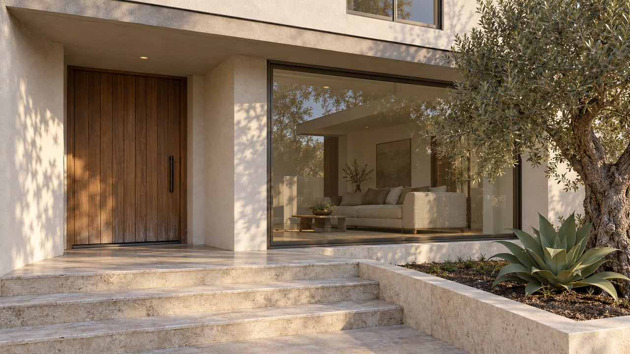Warm light across pale stucco, a cedar entry door and bronze-framed glazing beside a mature olive tree and limestone steps.