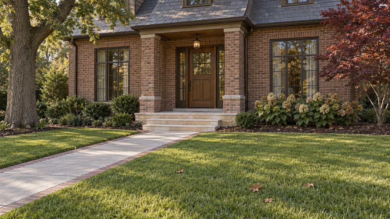 A brick home with a slate roof, oak entrance, limestone porch steps and a deep lawn framed by mature trees in soft morning light.