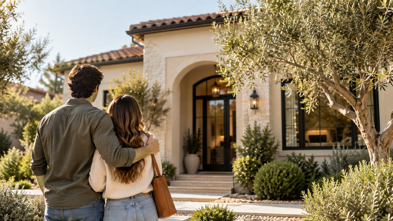 A couple stands before a stone-and-stucco home with an arched entry and landscaped yard.