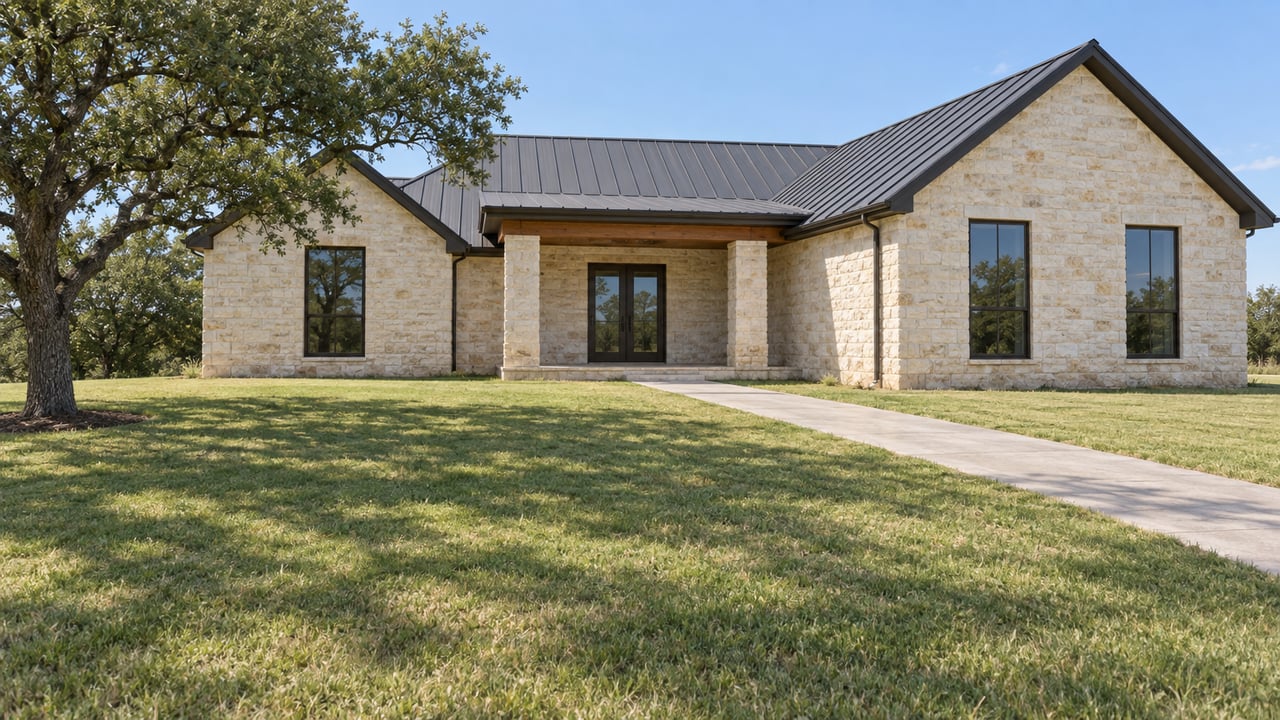 A limestone home with a charcoal metal roof, covered entry and broad lawn beside one mature spreading oak.