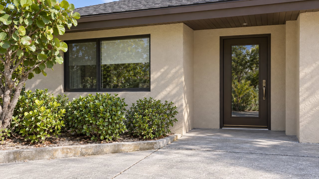 Sunlit pale-tan stucco entry with a bronze-framed glass door, dark shingles, concrete approach and sculptural sea grape planting.