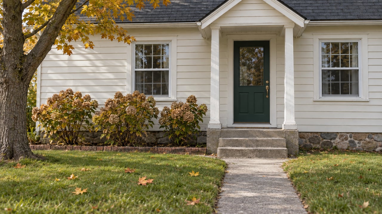 An ivory clapboard house with a green front door, concrete stoop and autumn maple branches above a modest lawn.