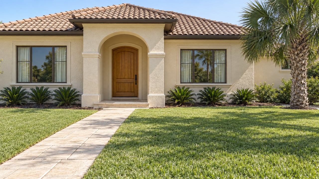 Ivory stucco home with a tiled hip roof, recessed arched entrance, broad lawn and a single mature palm.