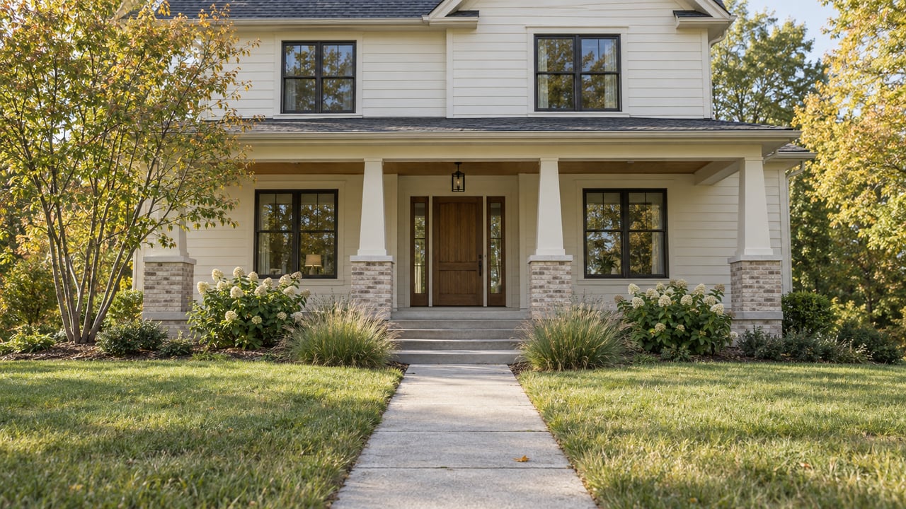 Ivory clapboard house with a deep lawn, narrow concrete walk, brick porch piers, and autumn planting.