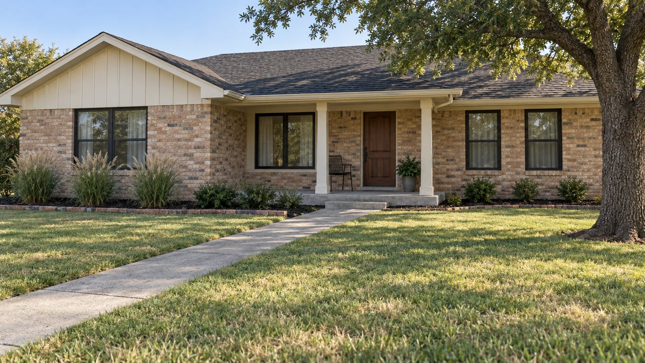 Warm brick ranch with a covered entry, deep front lawn and mature oak in morning light.