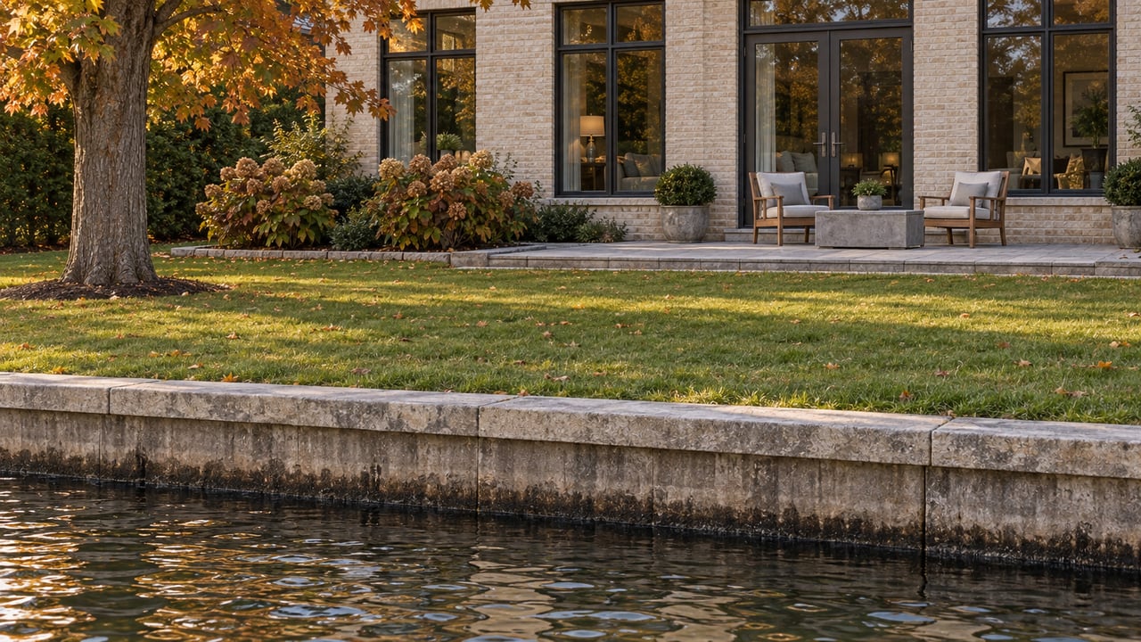 Cream-brick waterfront home behind a broad autumn lawn, limestone terrace, and weathered stone-capped shoreline wall.
