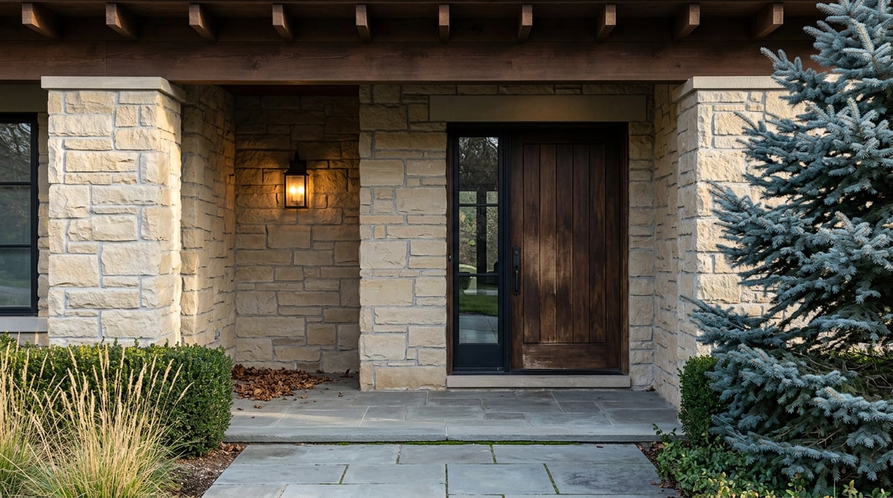 Deep sandstone entry alcove with a dark plank door, black-framed sidelight, glowing lantern, and spruce beside the flagstone landing.