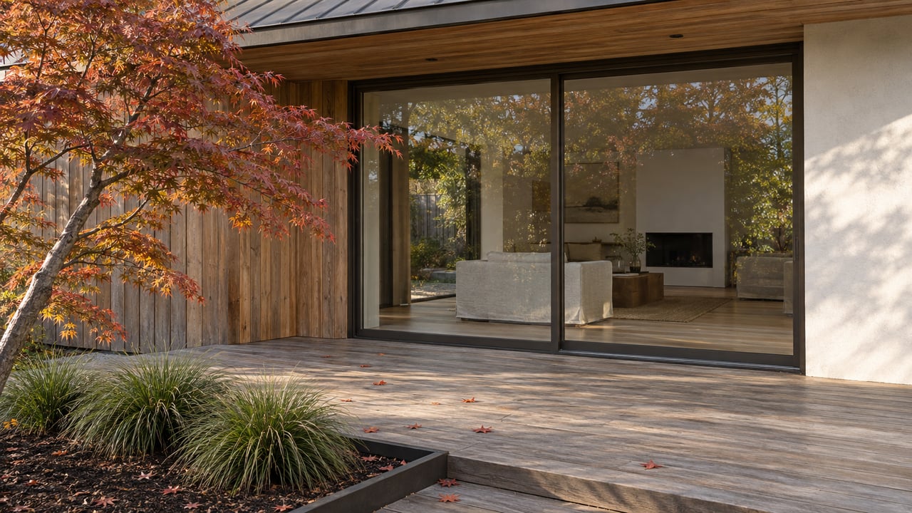 Contemporary home with cedar siding, a glass sliding door, and a terrace beside a Japanese maple and sedges.