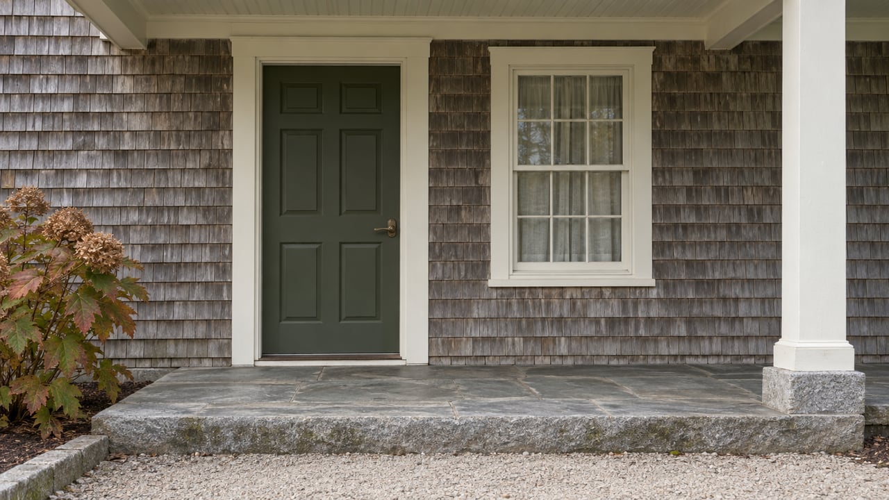 Weathered cedar-shingle home entry with an olive door, ivory trim, granite step and russet oakleaf hydrangea.