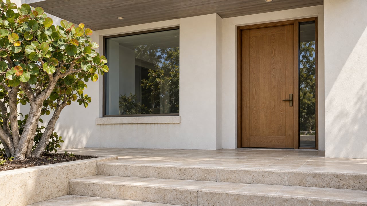 Contemporary home entrance with an oak door, pale stucco, wood soffit and broad tiled steps beside a sculptural sea grape tree.