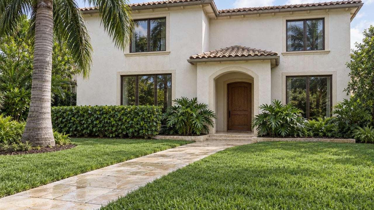 A cream stucco two-story home with bronze-framed windows, a recessed arched oak entrance, and a limestone approach through a deep green garden.