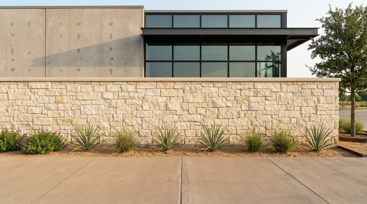 Low cream limestone wall beside a concrete walkway, with grasses and a glass office corner behind it.