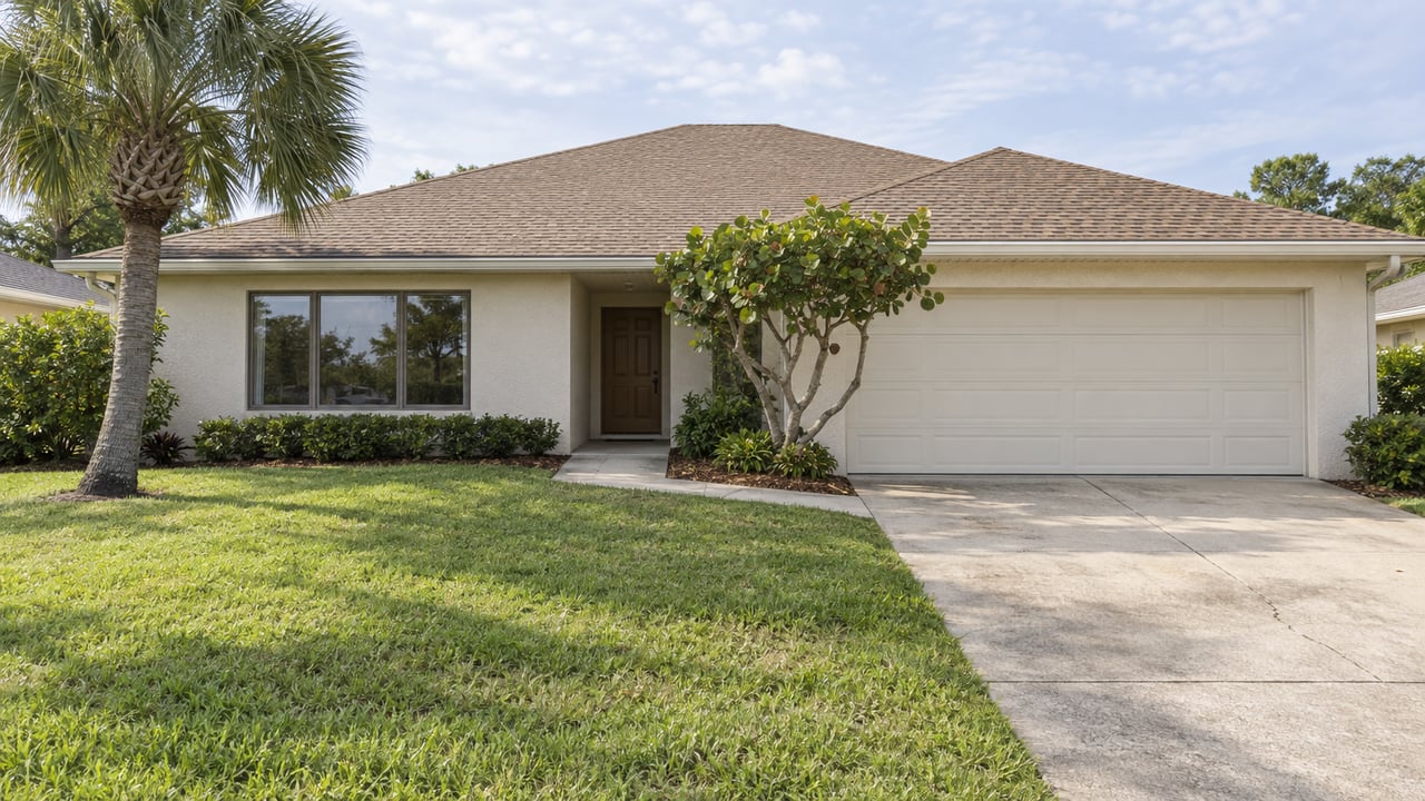 Single-story cream stucco home with a tan hip roof, broad concrete driveway and deep green lawn beside a mature palm.