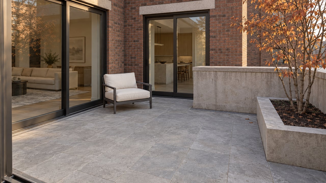 A brick apartment terrace with closed dark-framed glass doors, limestone paving, an ivory outdoor chair and a copper-leaved serviceberry in a raised stone planter.