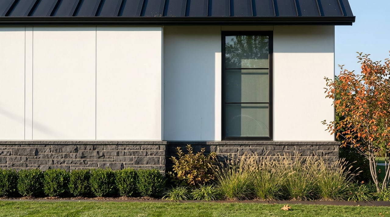 White-and-charcoal house corner with a black-framed window, red-orange tree leaves, and ornamental grasses.