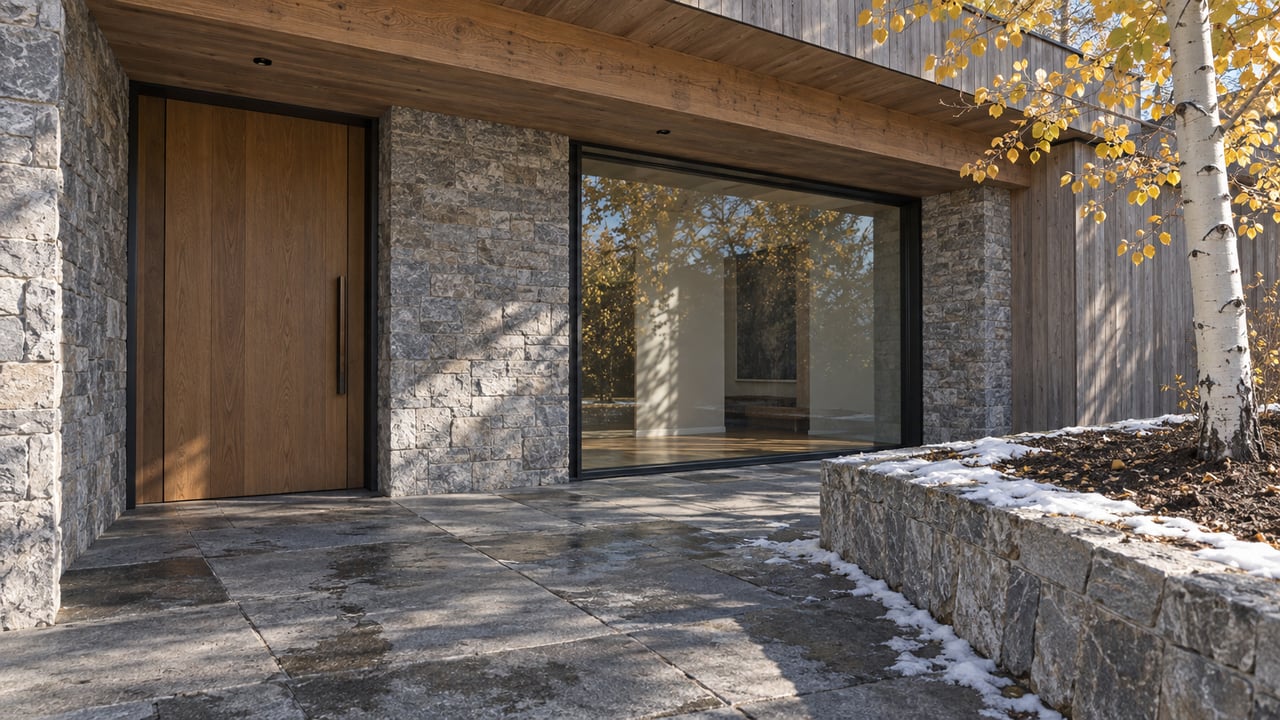 Contemporary home entrance with cedar soffit, quartzite walls, a glazed window and traces of snow beside an aspen tree.