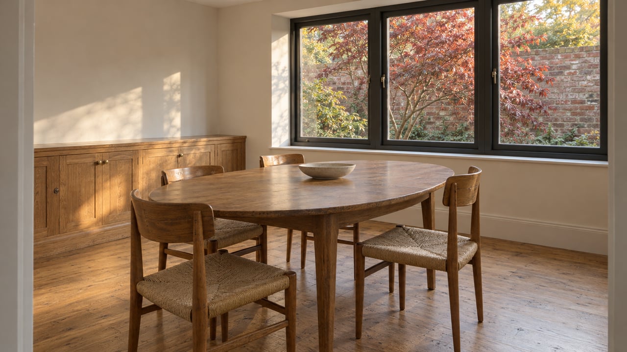 Oak dining table and four woven-seat chairs in a softly lit dining room, with autumn leaves and a brick garden wall beyond closed windows.