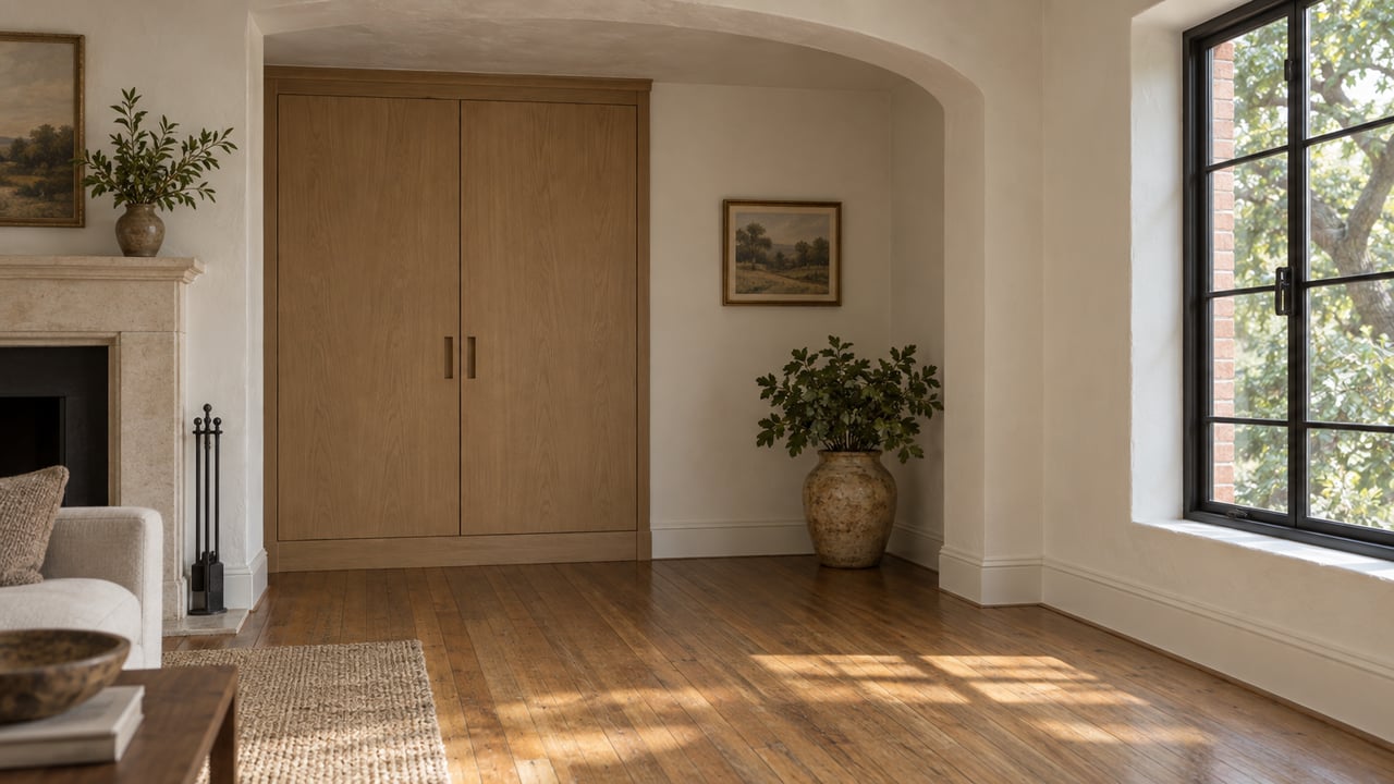 Oak living-room floor meets a new built-in cabinet beneath a plaster arch, beside a glazed casement.