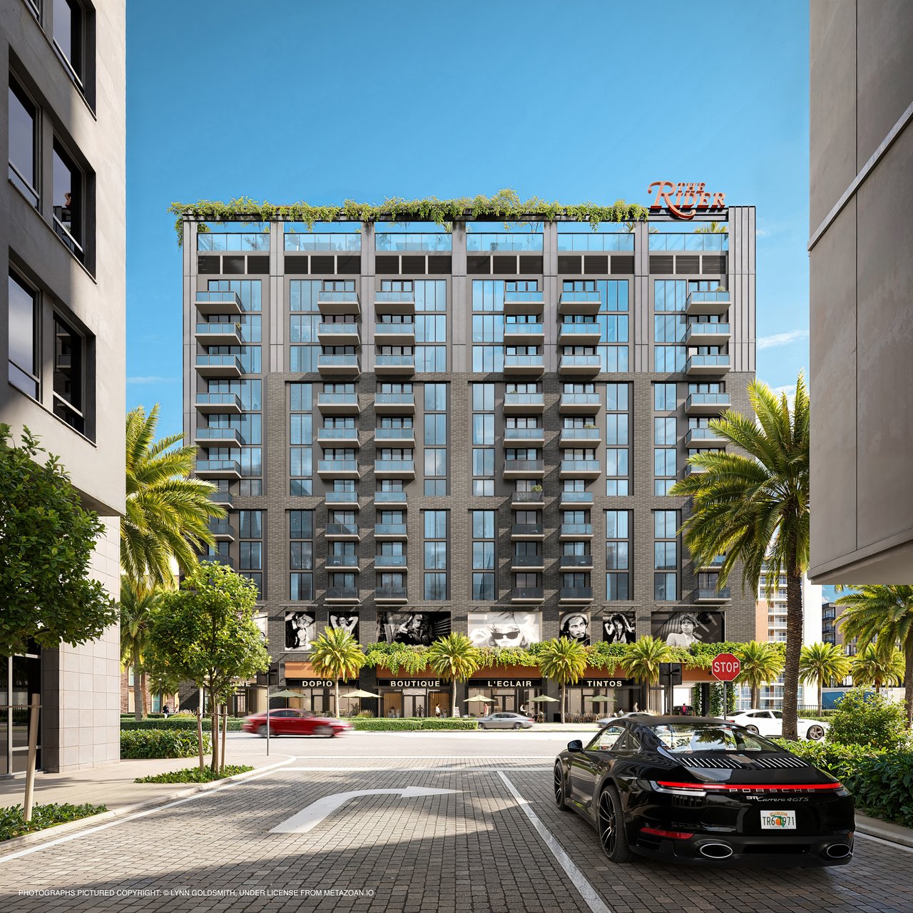 The Rider Residences, a glass-and-brick apartment tower with rooftop greenery and street-level shops.
