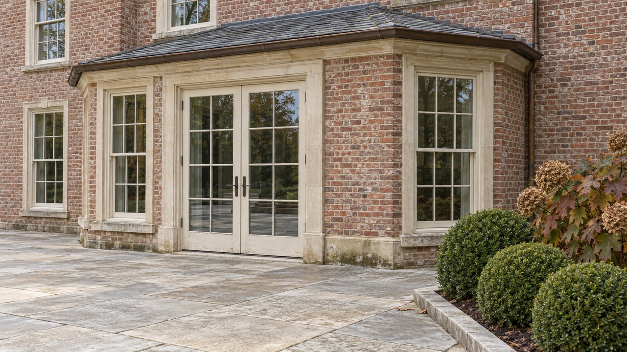 Brick estate garden-room bay with cream French doors, limestone terrace, and russet oakleaf hydrangea in soft autumn daylight.