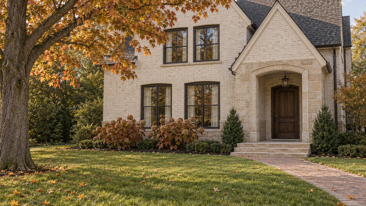 An ivory brick gabled home beyond a deep autumn lawn, with limestone entry steps and a mature orange-leaved maple.