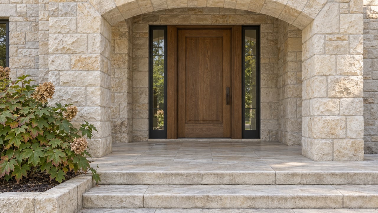 Low exterior view of a limestone porch arch, recessed oak front door with paired glazed sidelights, broad stone steps and an oakleaf hydrangea.