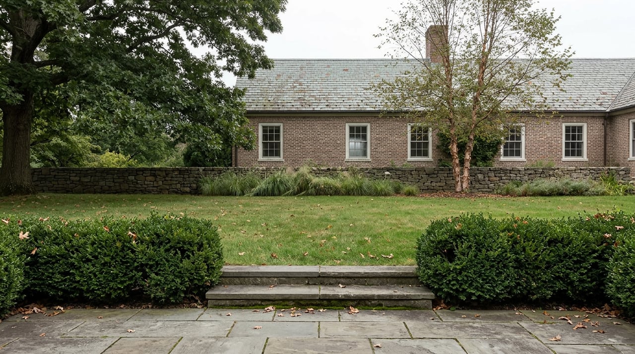 Brick Colonial house beyond a broad lawn, with a stone wall, paperbark maple, and bluestone terrace in the foreground.