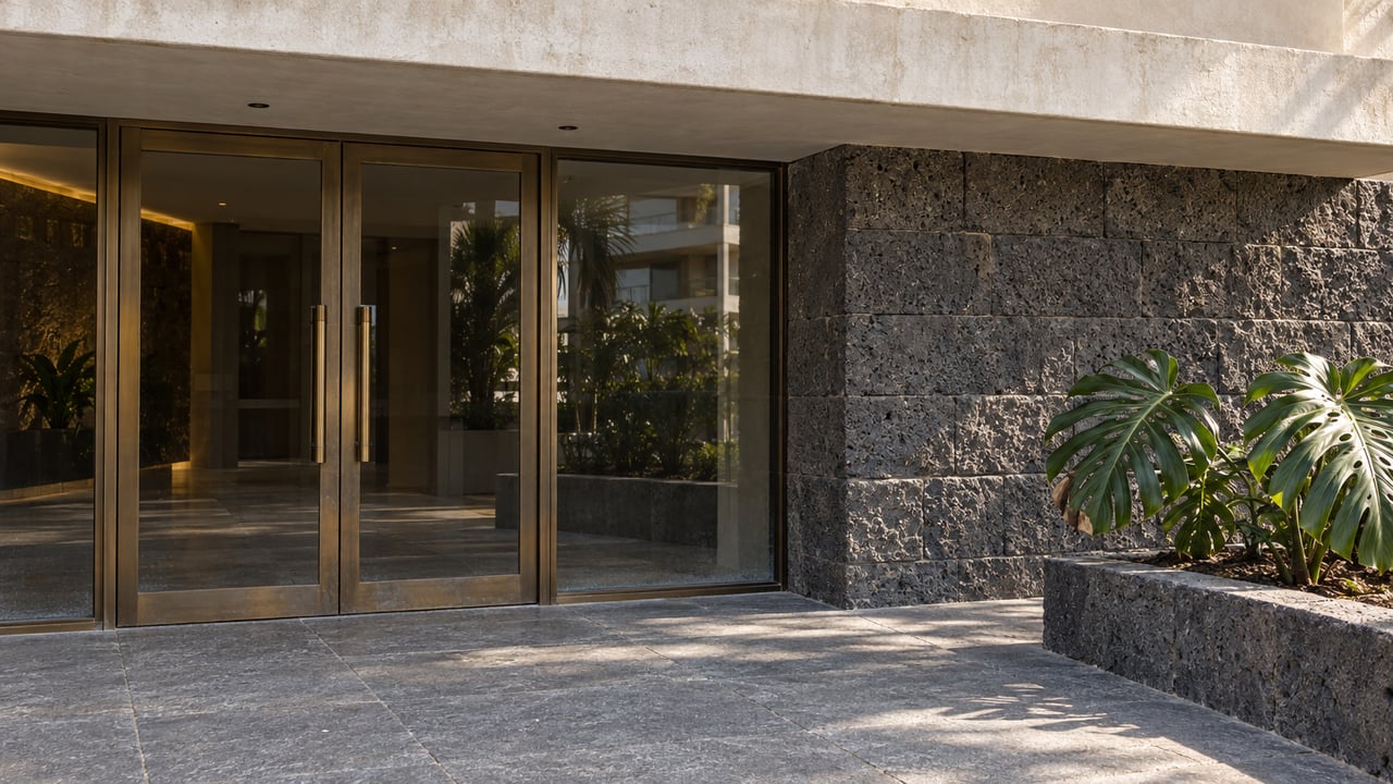 Sunlit basalt and ivory concrete frame a shaded bronze-and-glass condominium entrance beside two split-leaf plants.