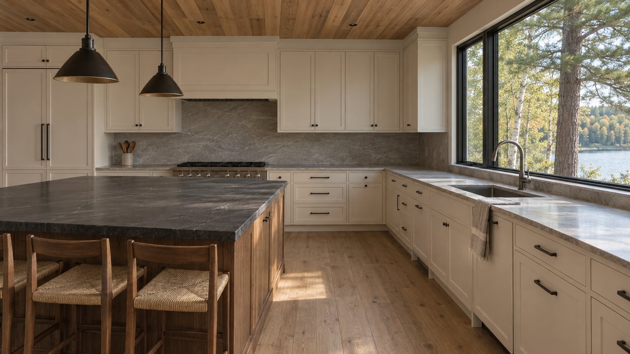 Lake-house kitchen with a charcoal soapstone island, oak cabinetry, and pine trees visible through a window.